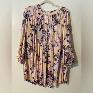 J.Jill Tunic Blouse Peach with Purple Floral Design Pintucked Bell Sleeve Top LG